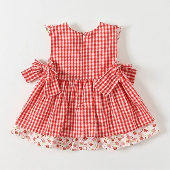 6-12M - Dress To Tunic - Red Gingham Strawberry Embroidered Girl's Dress - Picture 3 of 4